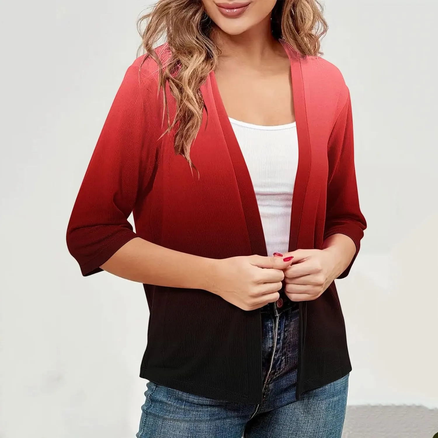 Women's Gradient Color Draped Front Open Cardigan Casual Half Sleeve Lightweight Cardigan Sweaters Duster 2024
