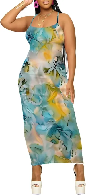 Womens Summer Casual Elegant Floral Print Long Slim Fit Sleeveless Slip Dress Spaghetti Strap Sexy Bodycon Maxi Dress